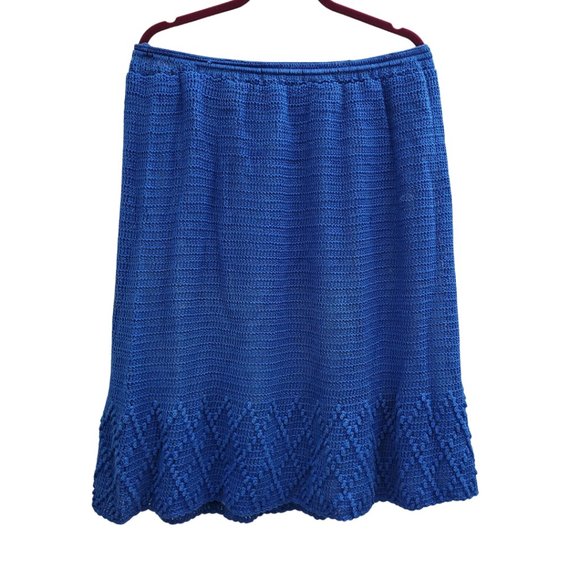Vintage Crochet Full Skirt Pom Pom Knitted Knit Plus 1X Royal Blue w/ Slip - Picture 2 of 6